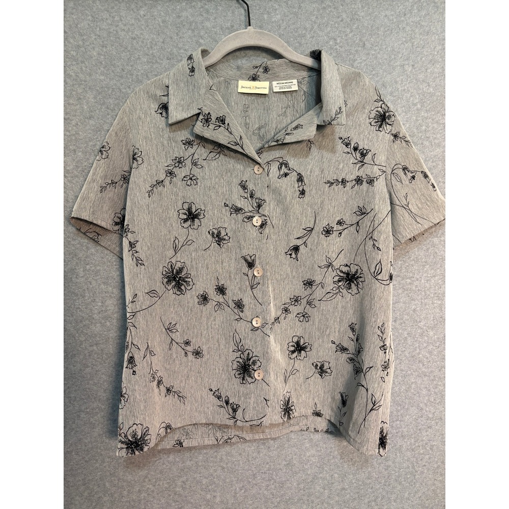 Jaclyn Smith Women's Gray Floral Button Blouse‎ Medium Vintage Cottagecore